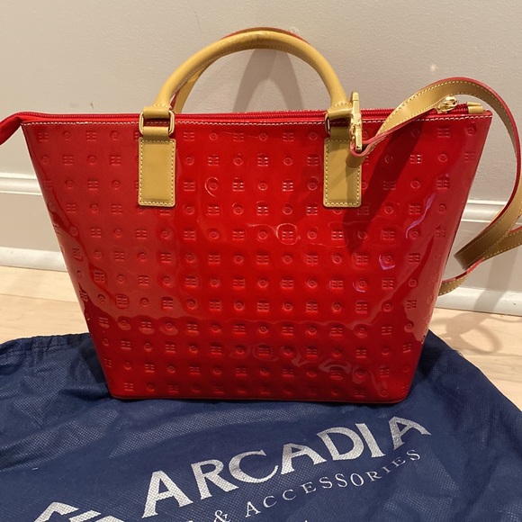 Arcadia red tan trim satchel shoulder bag - Picture 7 of 14